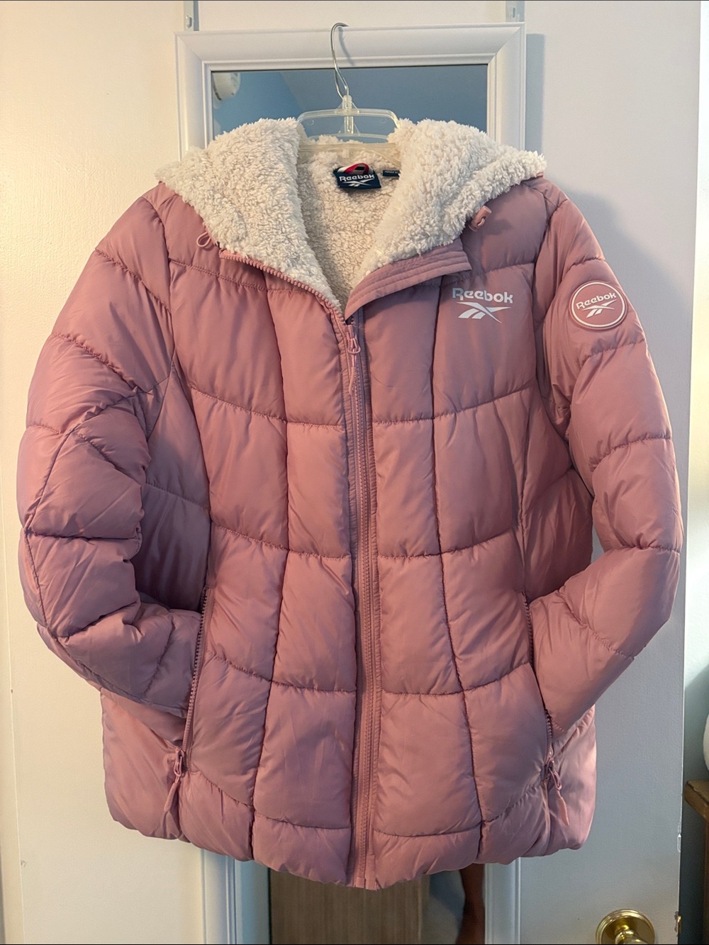 Reebok Women's Dusty Pink Quilted Puffer Jacket with Sherpa Hood
